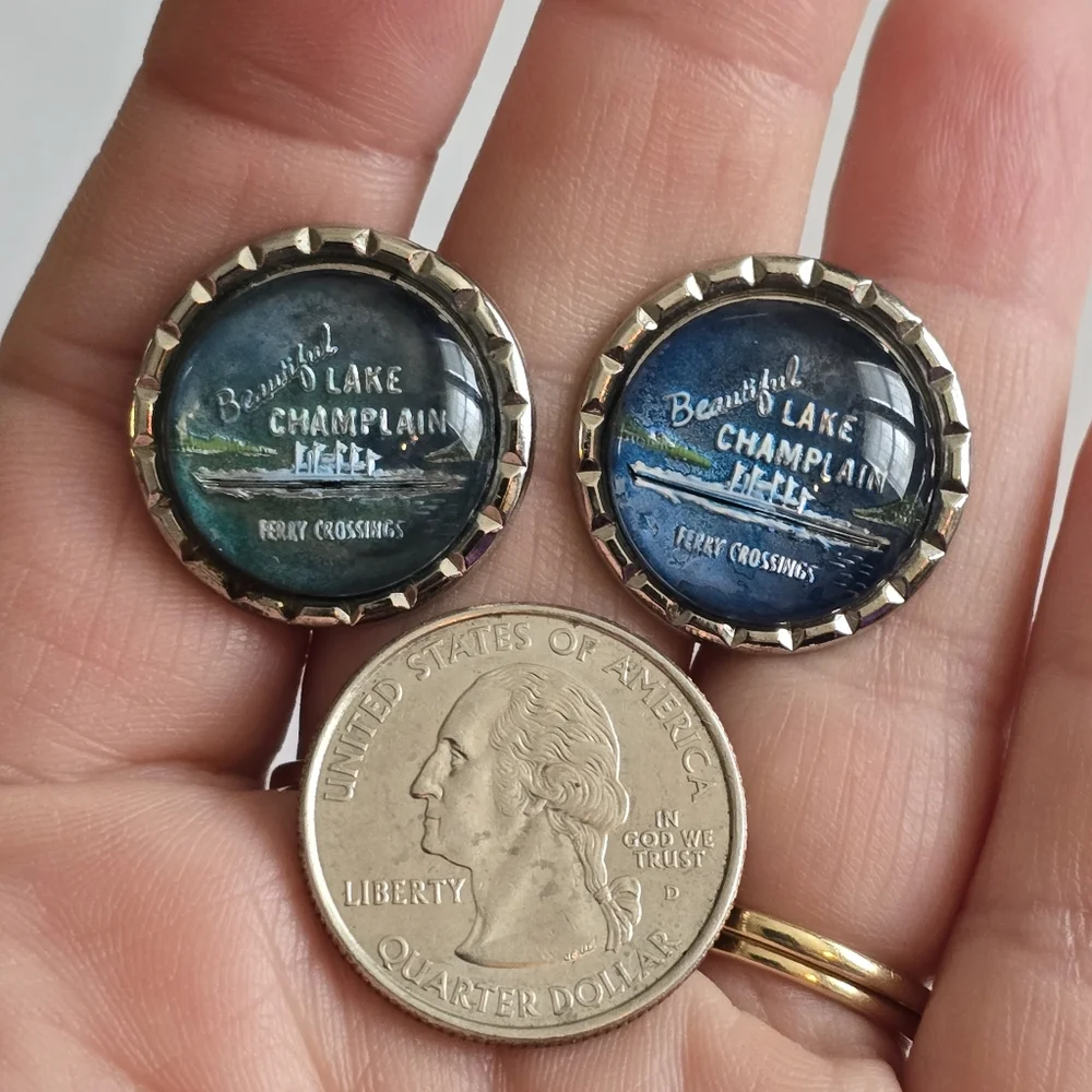 Vintage cuff links Lake Champlain Ferry Crossings silver tone bubble dome